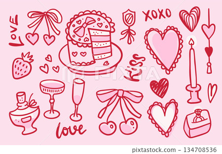 Whimsy Happy Valentine's Day doodle set. Heart shaped cherries, cakes, trendy vintage bows, candle, glasses. Hand drawn line art vector illustration. Rough freehand drawing. 134708536