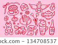 Freehand drawing Valentines Day collection of romantic elements. Red and pink coquette vintage vector illustration of teddy bear, cake, love letter, beverages, bows etc. Design for posters, cards 134708537