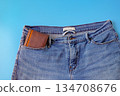 A brown pocket money in blue jeans pocket. Finances. 134708676