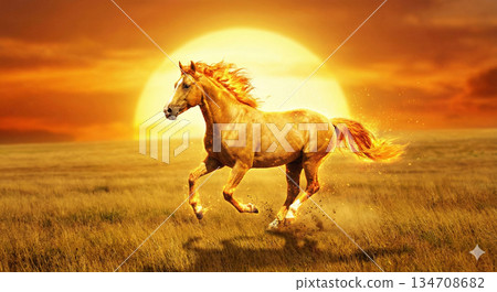 The horse symbolizes the sun's brightness, energy, and strength. 134708682