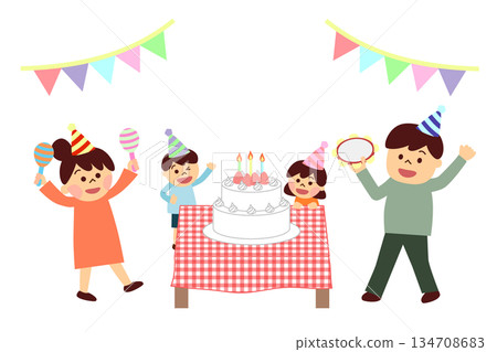 A family celebrating with a whole cake 134708683