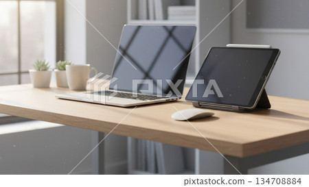 Modern Desk Workspace With Laptop And Tablet Setup 4k ai Modern Desk Workspace With Laptop And Tablet Setup 4k ai 134708884