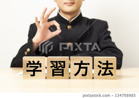 A male student making an OK sign with a block that says "Learning Methods" A male student making an OK sign with a block that says "Learning Methods" 134708985