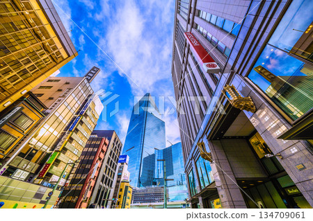 Tokyo cityscape, Japan, December 23rd. View of the Nihonbashi 1-chome redevelopment project and Mitsukoshi department store. Towards a new era 134709061