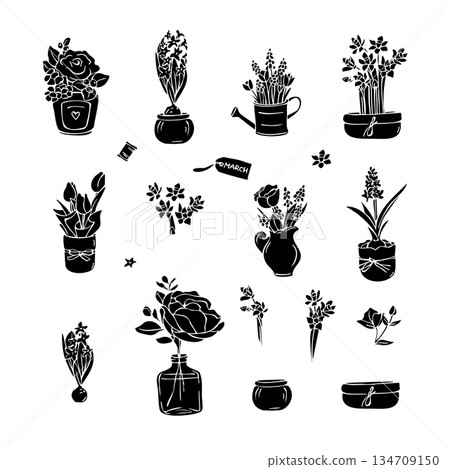 Set of silhouette floral spring bouquets black on white 134709150