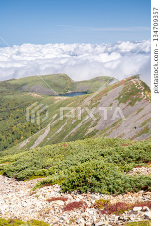 Hakuba Oike Pond seen from Mount Korenge Hakuba Oike Pond - Traverse from Mount Hakuba in the Northern Alps 134709357