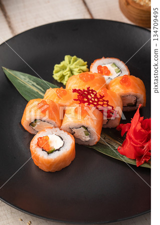 Salmon philadelphia sushi rolls with cream cheese 134709495