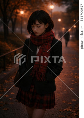 一位女子低著頭走在夜色中的街道上——肖像風格插畫——生成式人工智慧 134709657