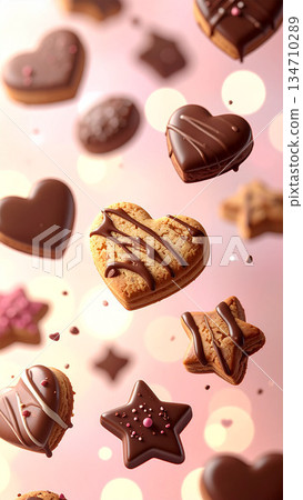 Chocolate Cookie Heart Star Bokeh Pink Background Material Floating Feeling Valentine's Day 134710289