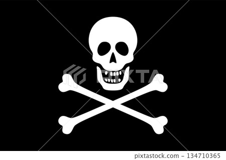 Jolly Roger, pirate flag with skull and crossbones on a black field. Ensign flown by a pirate ship preceding or during an attack. Modeled after an authentic Barbary Corsairs flag of the 19th century. 134710365