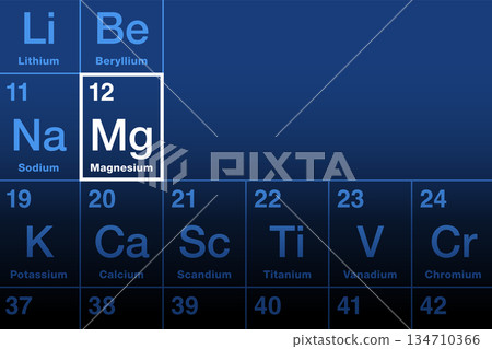Magnesium element on the periodic table. Alkaline earth metal with atomic number 12 and symbol Mg, from the Greek word for the ancient tribe Magnetes. Essential element to all cells and many enzymes. 134710366