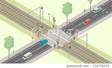Isometric image of an open railroad crossing [B] (green area) 134710370