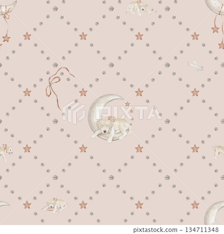 Geometric diamond seamless pattern made from watercolor drawing of dog paw prints on an isolated white background. Repeat ornament with c Labradors with ribbon and moon. Geometric diamond seamless pattern made from watercolor drawing of dog paw prints on an isolated white background. Repeat ornament with c Labradors with ribbon and moon. 134711348