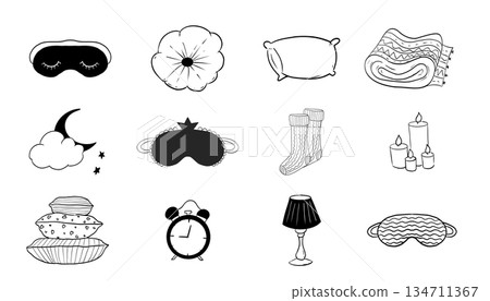 Sleep set hand drawn blanket, candles, night symbols doodle. Pillow line bedroom relax, sleeping mask, stars and moon. Warm cozy clothes, socks. Sleepy mood, Sleep set hand drawn blanket, candles, night symbols doodle. Pillow line bedroom relax, sleeping mask, stars and moon. Warm cozy clothes, socks. Sleepy mood, 134711367