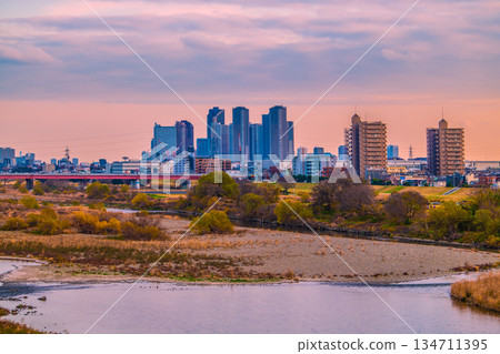 Tokyo cityscape in Japan at the end of the year. Winter scenery of the Tama River and the tower apartment complex in front of Musashi-Kosugi Station can be seen on the 23rd. 134711395