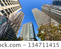 Cityscape looking up at skyscrapers towering against the blue sky 134711415
