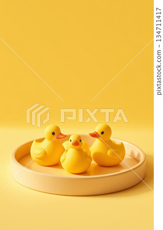 托盘上的黄色小鸭子玩具 134711417