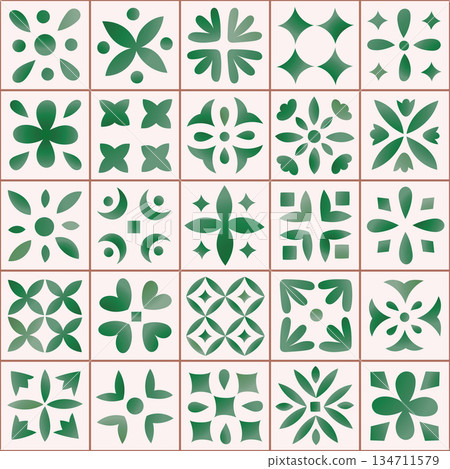 Watercolor mediterranian green botanical ornamental azulejo tile seamless pattern. Gradient floral vector wall, paper, floor design. 134711579