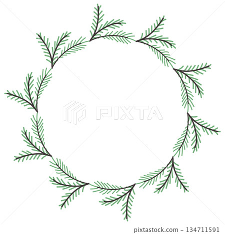 Round frame with fir branches. Colorful wreath with evergreens. Round frame with fir branches. Colorful wreath with evergreens. 134711591