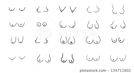 Breast body positive woman doodle, body shape natural. Simple kinds of woman breast. Hand drawn design. Breast body positive woman doodle, body shape natural. Simple kinds of woman breast. Hand drawn design. 134711602