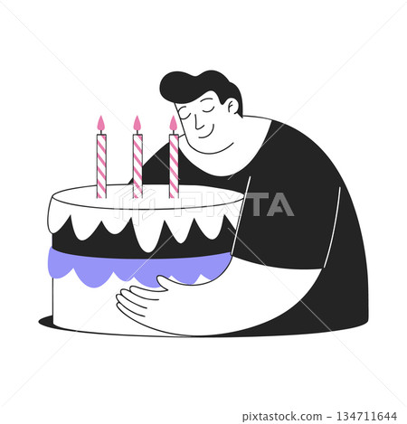 Man with a cake and lit candles. A smiling man holds a birthday cake. Minimalist doodle illustration. Man with a cake and lit candles. A smiling man holds a birthday cake. Minimalist doodle illustration. 134711644