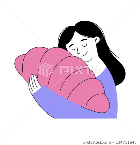 Girl hugging a big pink croissant. Minimalist doodle illustration. 134711645