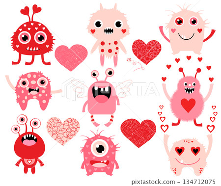 Vector love set of cute Valentines Day monster creatures and hearts in pink and red colors for greeting cards and invitations 134712075