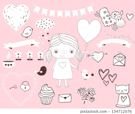 Set of design elements in white with brown outline on pink background for Valentine's day Set of design elements in white with brown outline on pink background for Valentine's day 134712076