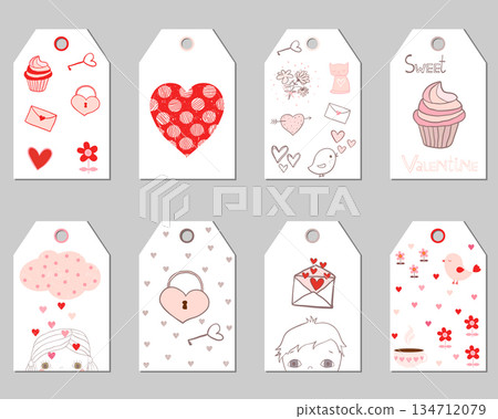 Set of cute vector gift tags in pink and red colors for Valentine's day Set of cute vector gift tags in pink and red colors for Valentine's day 134712079