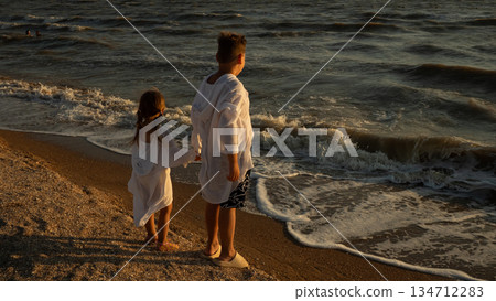Siblings standing on a sandy beach holding hands, observing the gentle waves of the sea washing ashore during a warm evening sunset, capturing a moment of childhood togetherness and connection. Siblings standing on a sandy beach holding hands, observing the gentle waves of the sea washing ashore during a warm evening sunset, capturing a moment of childhood togetherness and connection. 134712283