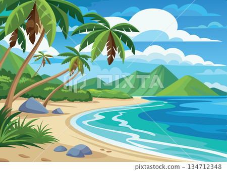 Vsai tropical beach with palm trees, lush vegetation, mountains, and clear blue water Vsai tropical beach with palm trees, lush vegetation, mountains, and clear blue water 134712348