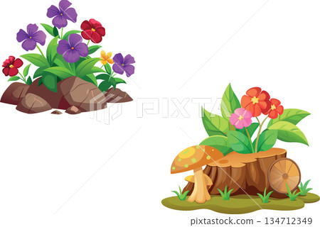 Vsai colorful flowers growing on rocks and tree stump with mushroom 134712349
