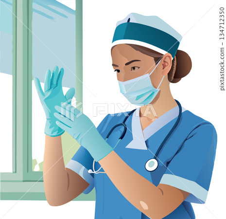 Vsai nurse wearing surgical mask putting on sterile gloves near window Vsai nurse wearing surgical mask putting on sterile gloves near window 134712350