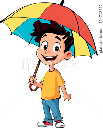 Cartoon boy smiling, holding a vibrant umbrella Cartoon boy smiling, holding a vibrant umbrella 134712352