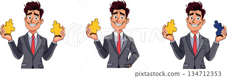 Businessman holding puzzle pieces representing problem solving and teamwork Businessman holding puzzle pieces representing problem solving and teamwork 134712353