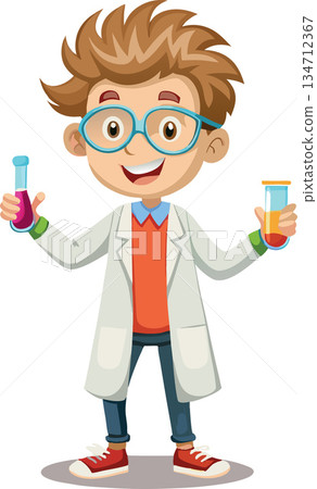 Vsai young scientist holding test tubes and smiling, science education concept Vsai young scientist holding test tubes and smiling, science education concept 134712367