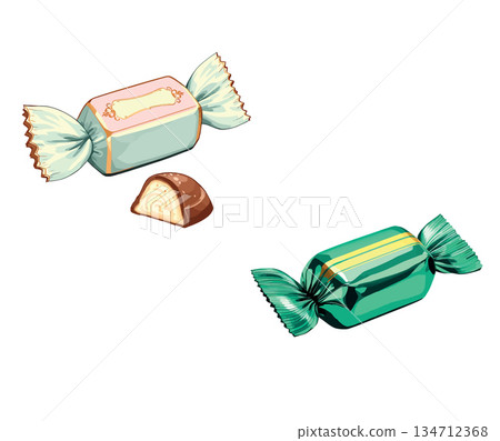 Vsai wrapped candies and chocolate dessert food illustration Vsai wrapped candies and chocolate dessert food illustration 134712368