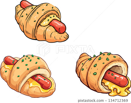 Vsai pigs in a blanket with cheese and toppings illustration Vsai pigs in a blanket with cheese and toppings illustration 134712369