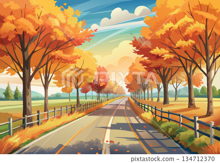 Vsai scenic road winding through vibrant autumn landscape at sunset Vsai scenic road winding through vibrant autumn landscape at sunset 134712370