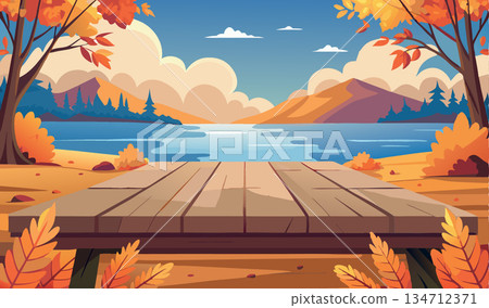 Vsai wooden pier overlooking tranquil lake in autumn landscape Vsai wooden pier overlooking tranquil lake in autumn landscape 134712371