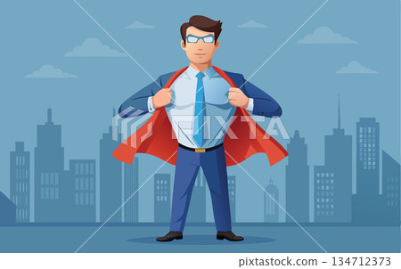 Vsai businessman revealing superhero costume under suit in city skyline background 134712373