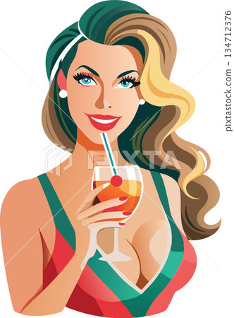 Vsai smiling woman drinking tropical cocktail illustration 134712376
