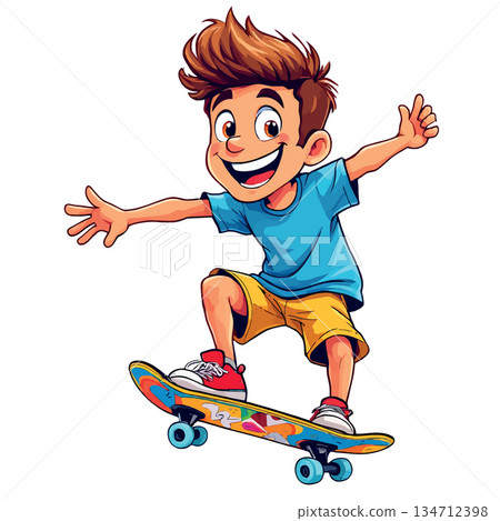 Vsai happy boy skateboarding, jumping while performing trick Vsai happy boy skateboarding, jumping while performing trick 134712398