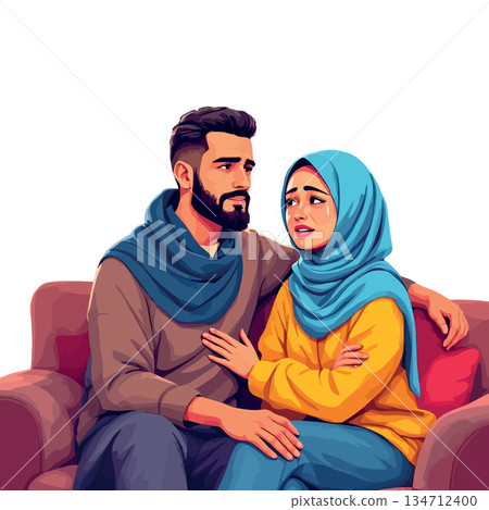 Vsai muslim man comforting crying woman with hijab 134712400
