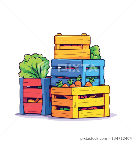 Vsai colorful wooden crates holding fresh market vegetables 134712404