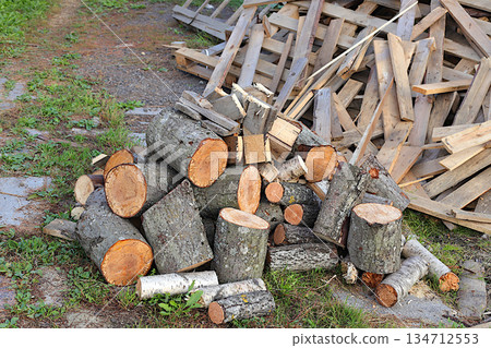Chopped birch firewood in a pile outside. Preparing firewood for winter heating in a Russian village, an environmentally friendly fuel. Environmental protection concept, industriousness in the village 134712553