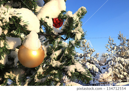 A snow covered Christmas tree outside, decorated for New Year and Christmas. A festive beautiful tree with decorations against a backdrop of live fir trees covered in snow after a snowfall 134712554