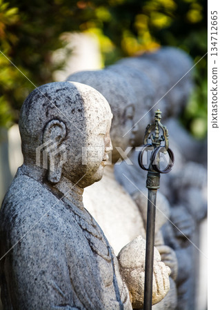 Stone Jizo statues lined up in a row surrounded by greenery under bright sunlight at Gokokuji Temple in Bunkyo Ward, Tokyo Stone Jizo statues lined up in a row surrounded by greenery under bright sunlight at Gokokuji Temple in Bunkyo Ward, Tokyo 134712665