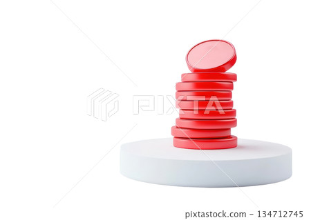 A stack of red circular tokens resting on a white circular base, showcasing a vibrant color contrast and a neat arrangement. A stack of red circular tokens resting on a white circular base, showcasing a vibrant color contrast and a neat arrangement. 134712745