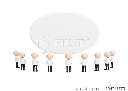 A group of stylized figures gathered together, with one figure positioned to speak or convey a message within a speech bubble. 134712775